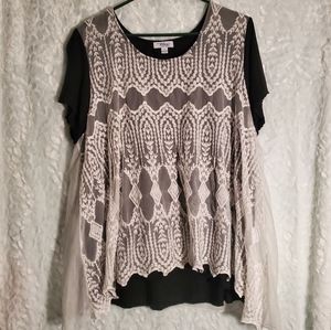 Mesh Lace Layered Black T-Shirt Blouse Size 2X